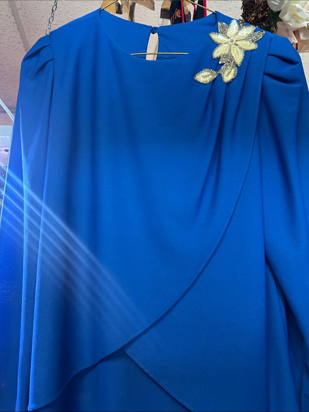 Vintage Royal Blue Long-Sleeve Dress with Gold Floral Appliqué